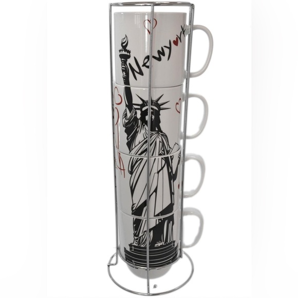 CLARO - Porcelain 12oz Stackable Statue of Liberty Mug Set w/ Chrome Rack - BNIB - Picture 1 of 12